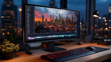 Wide angle shot of a computer monitor displaying video editing software on wooden desk with a keyboard