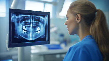 Capturing a close-up view, a dental professional in blue scrubs scrutinizes a dental x-ray on a computer screen, set against the backdrop of a well-equipped dentist office. This im