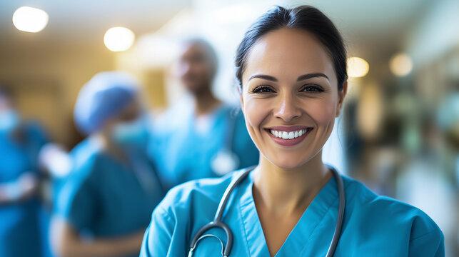 In this close-up headshot, a smiling female healthcare worker in blue scrubs radiates warmth and confidence. The blurred hospital backdrop emphasizes her dedication to patient care