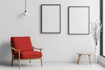 Modern Living Room Interior with Vertical Poster Frames and Red Armchair