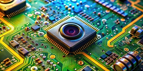 Detailed Close-up of a Circuit Board Undergoing SPI Inspection for Quality Control in Electronics Manufacturing