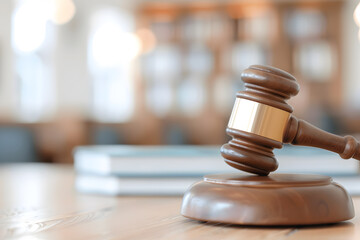 Fototapeta premium Judge’s Gavel with Books on Wooden Table | Symbol of Legal Authority and Justice in Courtroom Settings