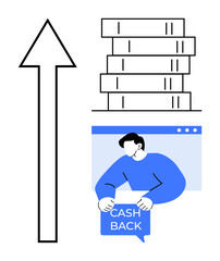 Upward arrow, a stack of money, and a person with a cashback sign. Ideal for finance, banking, savings, investments, and marketing themes. Minimalist, modern, vector