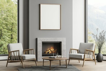 Fototapeta premium Cozy Living Room Interior with Grey Armchairs, Fireplace and Panoramic Window, Mockup Frame