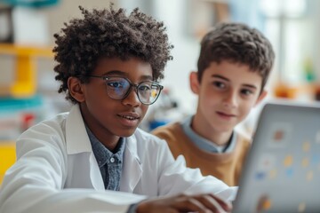 Two young multiethnic male students pairing up while studying on laptop during collaborative task at school, Generative AI