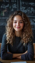 Fototapeta premium Vertical portrait of curly young female teacher smiling while sitting on desk against blackboard looking at camera in classroom, Generative AI