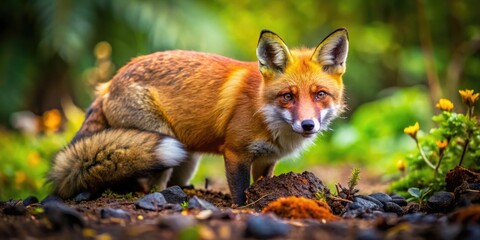 Detailed Close-Up of Fox Feces in Natural Habitat with Surrounding Vegetation and Soil Texture