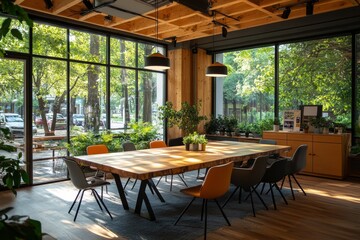 Wooden office interior with conference and coworking spaces, window. Copy space, Generative AI