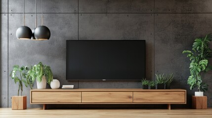 Modern Living Room Interior with TV Cabinet on Concrete Wall Background