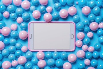 Blue balls background with pink frame and white screen for text, top view. The design is minimalistic and simple. It features an empty blank horizontal billboard in the center of composition