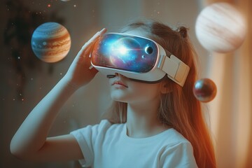 Child girl wearing virtual reality glasses and exploring digital space system with planets