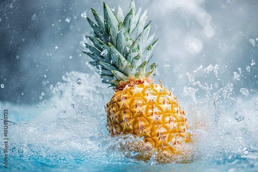 Sticker Fresh pineapple falling in transparent water