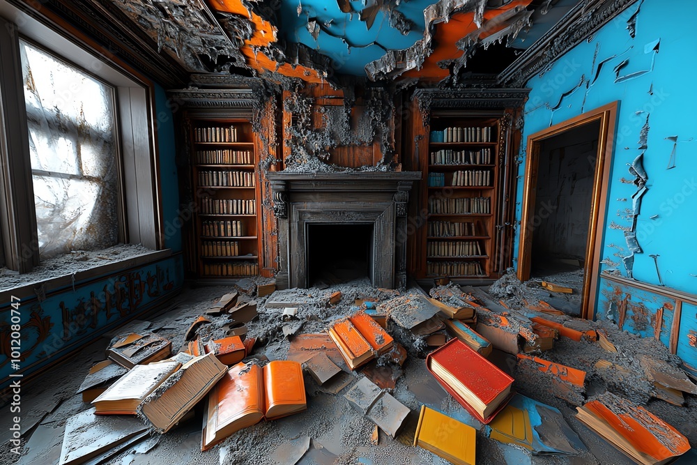Poster interactive 3d digital scene of a philosopherâ€™s study filled with decaying books, where users can 