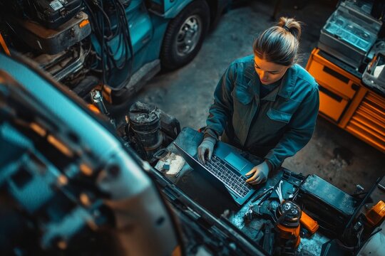 High angle view of female mechanic repairing truck and using laptop in garage with accent light, Generative AI