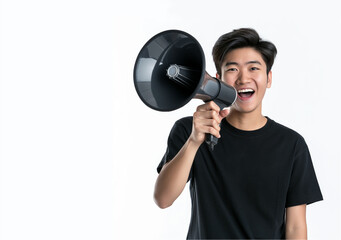 Calls to action, Cheerful young man enthusiastically holding a megaphone, wearing a casual black T-shirt against a plain white background. public speaking, motivation, or calls to action.