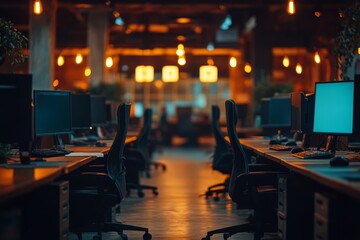 Dark business workplace interior with pc computers and armchairs in row, Generative AI