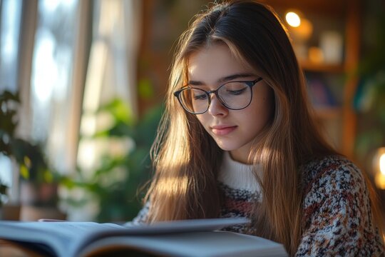 Portrait of teenage girl with disability wearing glasses and doing tests while studying from home, copy space, Generative AI