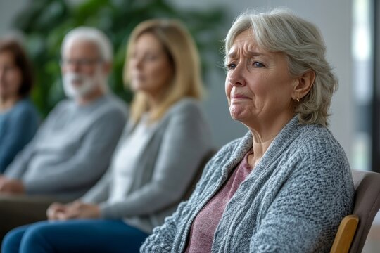 Full length view at group of senior people sitting in circle during therapy session at retirement home, focus on woman crying, copy space, Generative AI