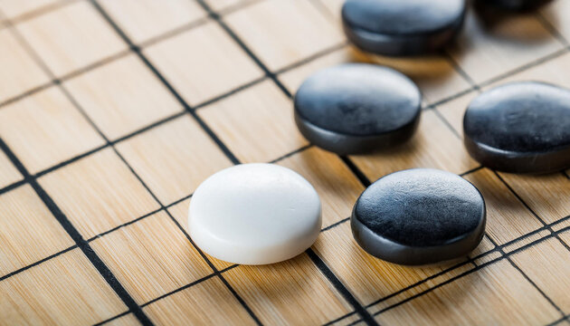 White and black round stones for Korean board game Go. Wei-chi, Chinese game. Patok or Baduk.