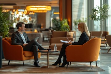 Portrait of two business people discussing deal in hotel lounge, copy space, Generative AI