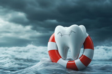 Naklejka premium A creative lifebuoy for dental health protection in turbulent ocean conditions symbolizing medical dentistry care