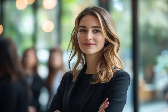 Portrait of successful businesswoman talking to employees while standing in modern office, copy space, Generative AI
