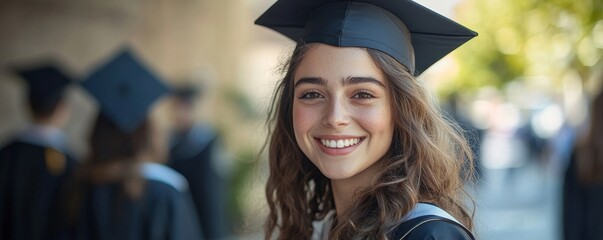 A happy European woman in graduation attire. Ai illustration, Generative AI