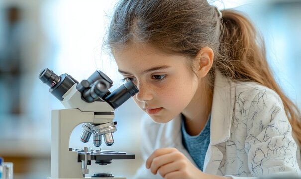 A girl using a microscope in a classroom setting, focused on science education, with a blurred background. Generative AI
