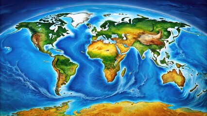 Detailed Flat Earth Map Illustration with Geographical Features and Artistic Design Elements