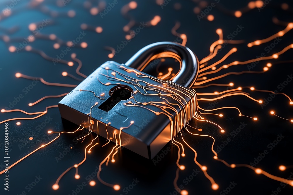 Aufkleber Minimalist icon of a lock with a data stream flowing through it, symbolizing the breach of digital security