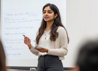 Confident female indian conference speaker coach training diverse employees group give flip chart presentation at office meeting, hindu business woman presenter teach staff team at corporate workshop