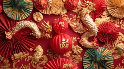 Traditional Chinese New Year decor with the zodiac symbol (e.g., tiger or dragon), red and gold ornaments, patterns, paper cuttings