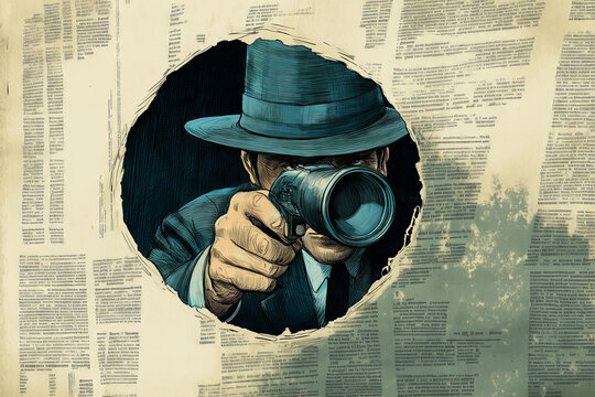 A secret observer peers through a newspaper peephole, capturing clandestine moments on a mysterious urban night