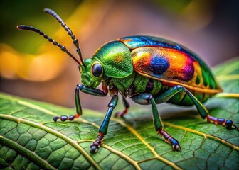 Fototapeta premium Detailed Illustration of a Colorful Beetle on a Leaf with Intricate Patterns and Natural Background