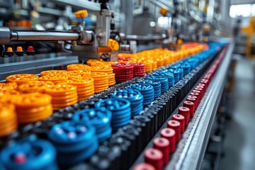 Obraz premium A close-up of a production line in a factory, featuring colorful plastic parts moving along a conveyor belt.