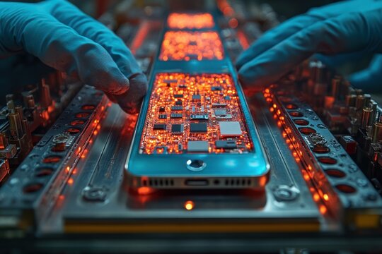Closeup of gloved hands assembling a smartphone on a production line, with the motherboard illuminated.
