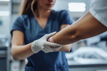 Close up nurse preparing patient for blood test and putting tourniquet on arm in procedure room at clinic copy space, Generative AI