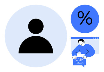 User profile in black in light blue circle, blue percent sign, and person holding cashback coupon by computer screen. Ideal for online shopping, customer rewards, ecommerce promotions, discount