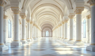 Luxurious white marble interior with ornate columns and arches, sunlit, concept of wealth and grand architecture, Generative AI