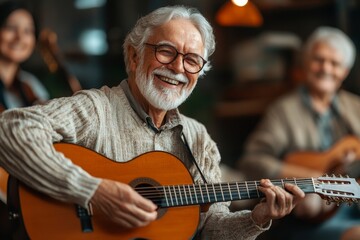 Fototapeta premium Group of joyful senior people playing music together enjoying talent show in retirement home focus on smiling senior man playing guitar copy space, Generative AI