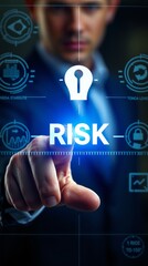 business professional, futuristic interface, digital risk management concept, key and lock symbol, virtual technology elements, glowing blue tones, focus on hand, cybersecurity theme, modern business 