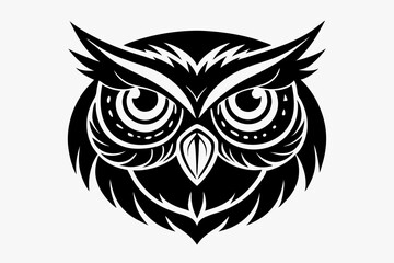 Minimalistic vector of an owl face with bold, clean lines. The owl features large expressive eyes, sharp pointed ears, and a symmetrical, stylized design. owl head silhouette vector illustration