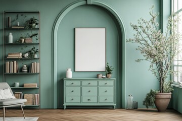 Modern mint color living room interior with arch and blank poster on wall. Light green chest of drawers and bookshelf. Parquet floor, Generative AI