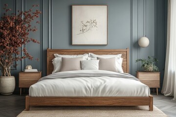 Stylish home bedroom interior with bed and nightstand, panoramic window, Generative AI