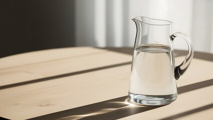 This minimalist still life features a sleek, transparent glass pitcher half-filled with water, placed on a simple wooden table. The natural light softly illuminates the scene