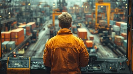A worker in an orange jacket looks out over a busy container port.