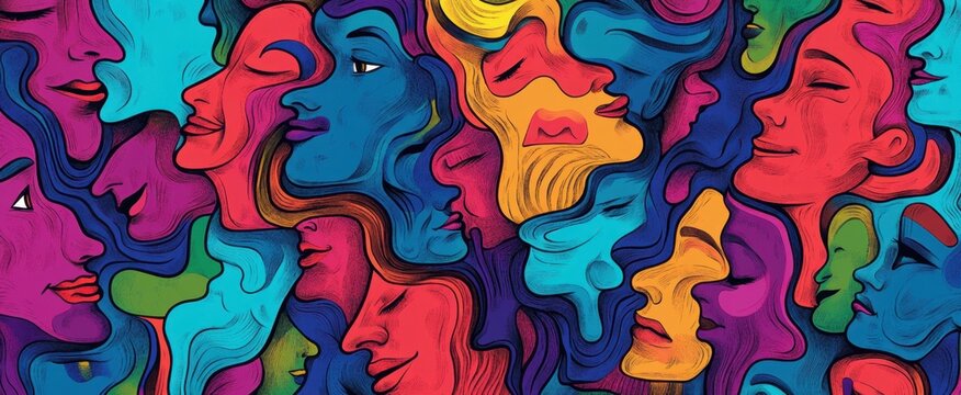 A vibrant and colorful illustration of multiple faces in various shades, arranged on top of each other to form an abstract pattern Generative AI