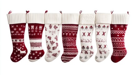 A row of Christmas stockings in traditional red and white colors, hung side by side, isolated on a white background. 