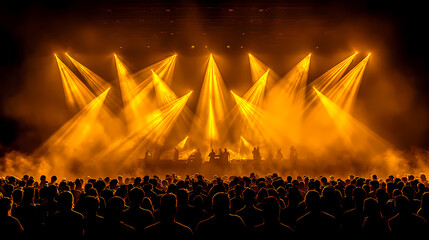 Concert Crowd Shadows Against Vibrant Yellow Stage Lights: Silhouette Concept