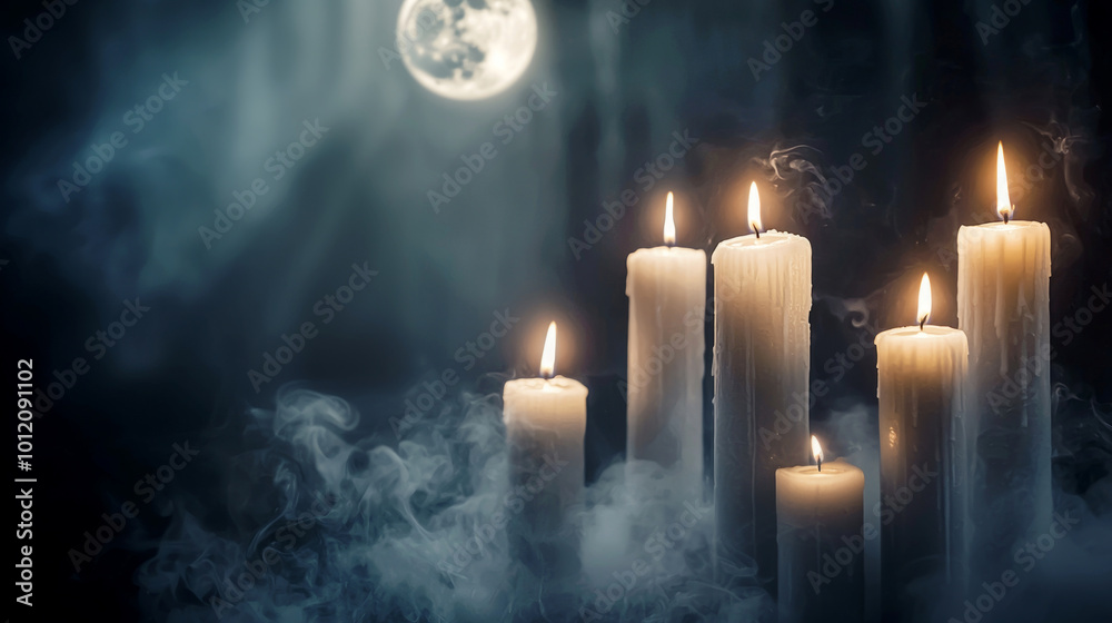 Wall mural burning candles against moonlit forest background. magical froggy night scene. witchcraft, esoteric,